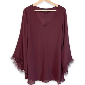 ASTR Lace Trimmed Bell Sleeve Maroon Shift Dress